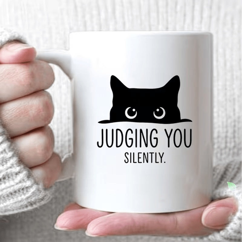 Tailorly White Ceramic 11 oz Mug - Judging You Silently Minimalist Black Peeking Silhouette With Large Expressive Eyes And Ears Cat