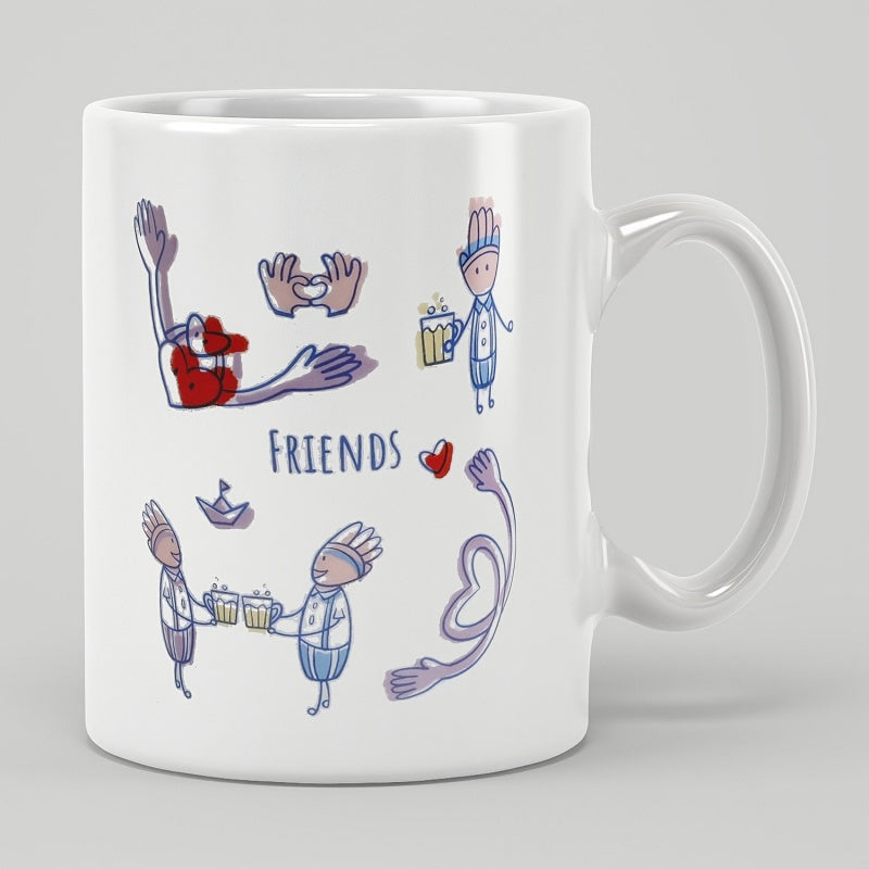 Tailorly White Ceramic 11 oz Mug - Friends Whimsical Hand Drawn Doodle Characters Celebrating With Beer Mugs Heart Illustration