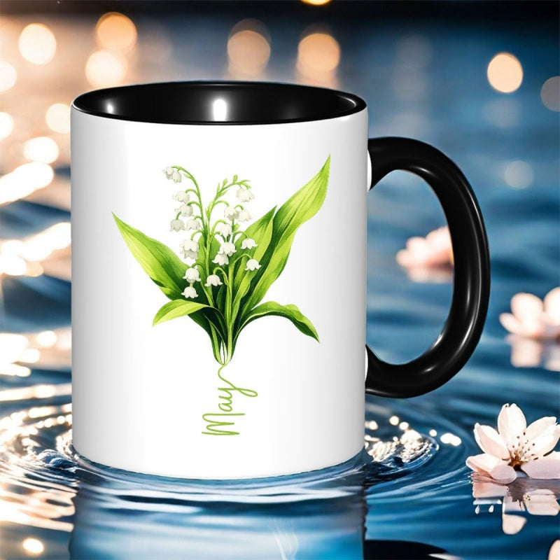 Tailorly Black Accent 11 oz Mug - lily of the valley print