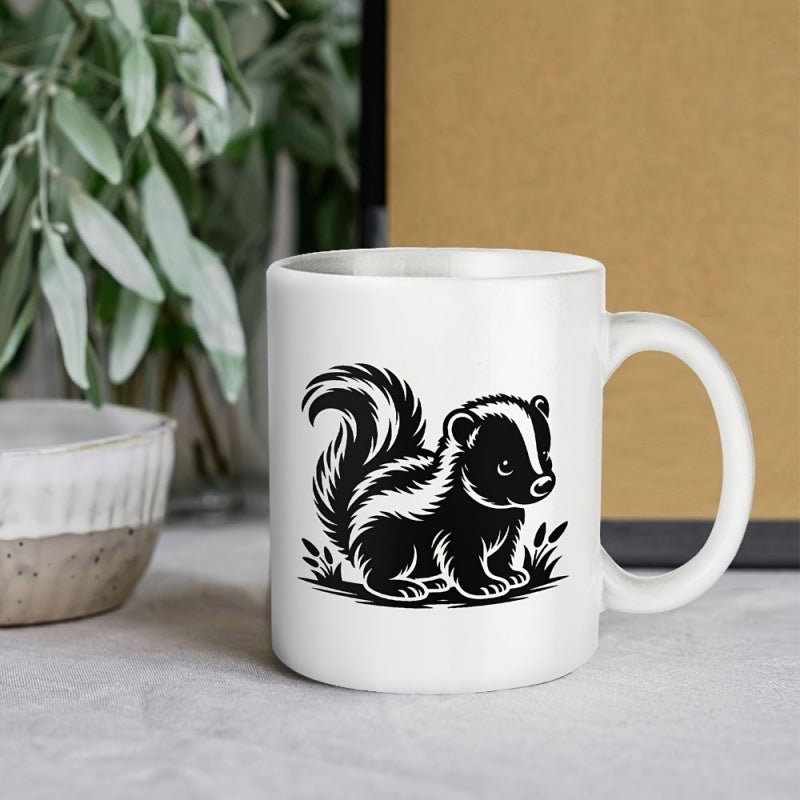 Tailorly White Ceramic 11 oz Mug - Cute Black And White Hand Drawn Forest Animal Among Grass Skunk