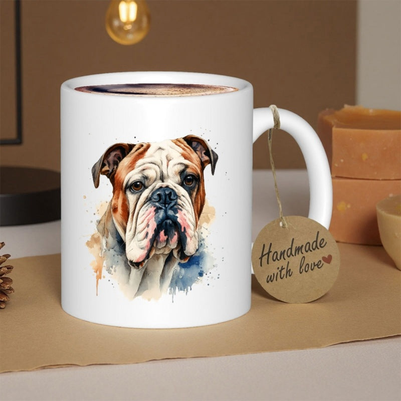 Tailorly White Ceramic 11 oz Mug - Handmade With Love Artistic Watercolor Portrait Featuring A Sturdy Loyal English Bulldog