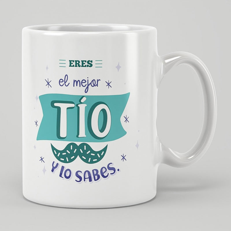 Tailorly White Ceramic 11 oz Mug - Teal Banner Featuring Decorative Sparkles Above A Classic Patterned Dotted Mustache