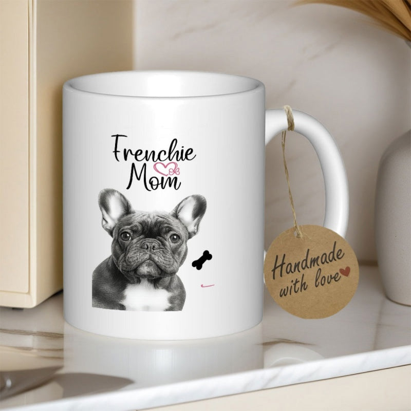 Tailorly White Ceramic 11 oz Mug - Frenchie Mom Monochrome Portrait Featuring Heart And Small Bone French Bulldog