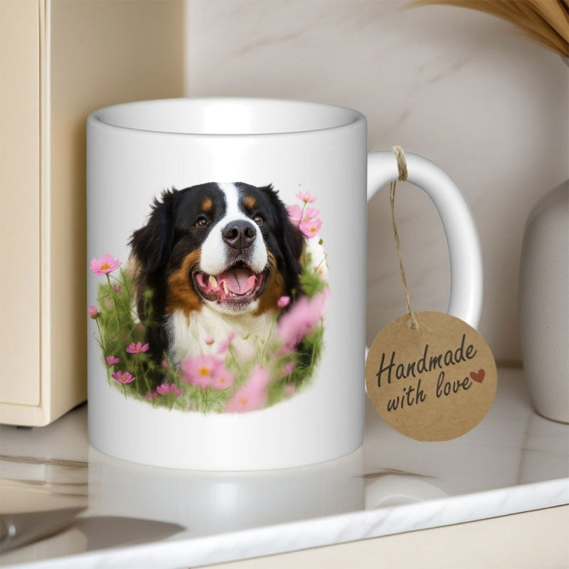 Tailorly White Ceramic 11 oz Mug - Handmade With Love Happy Bernese Mountain Friend Surrounded By Soft Pink Blooming Flowers Dog