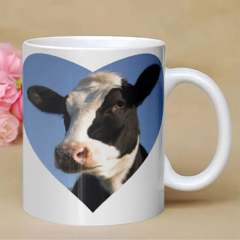 Tailorly White Ceramic 11 oz Mug - Adorable Spotted Farm Animal Inside A Bright Blue Heart Shape Cow