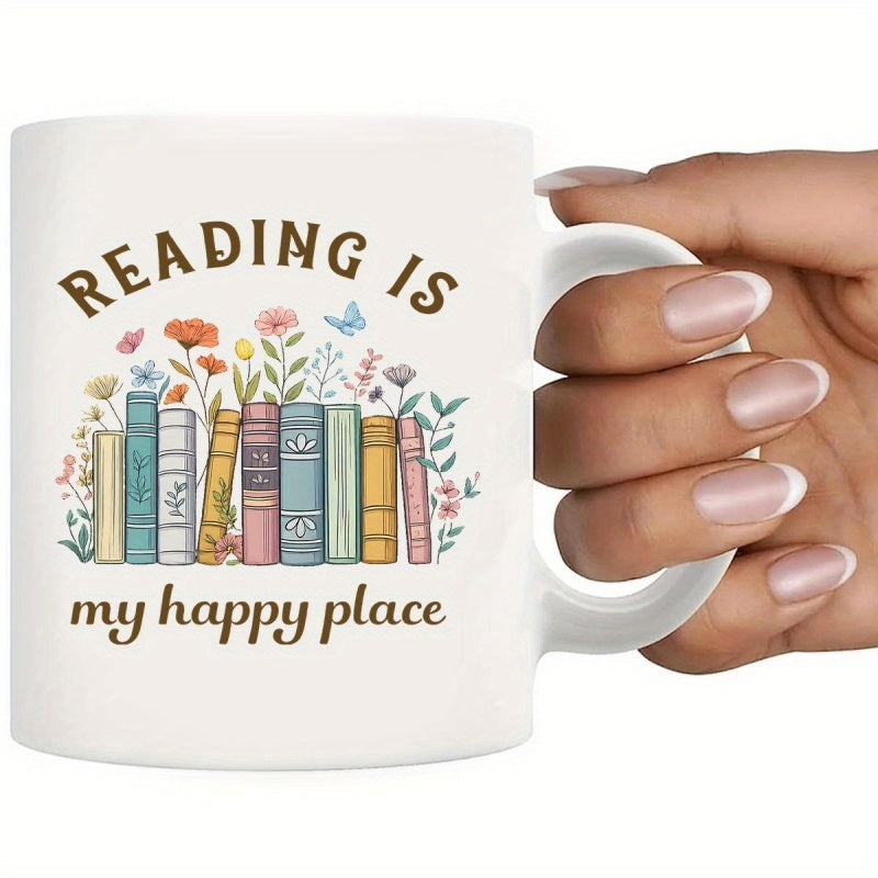 Tailorly White Ceramic 11 oz Mug - Reading Is My Happy Place Vibrant Books With Dainty Wildflowers Growing From The Paper Pages Stack Of Books