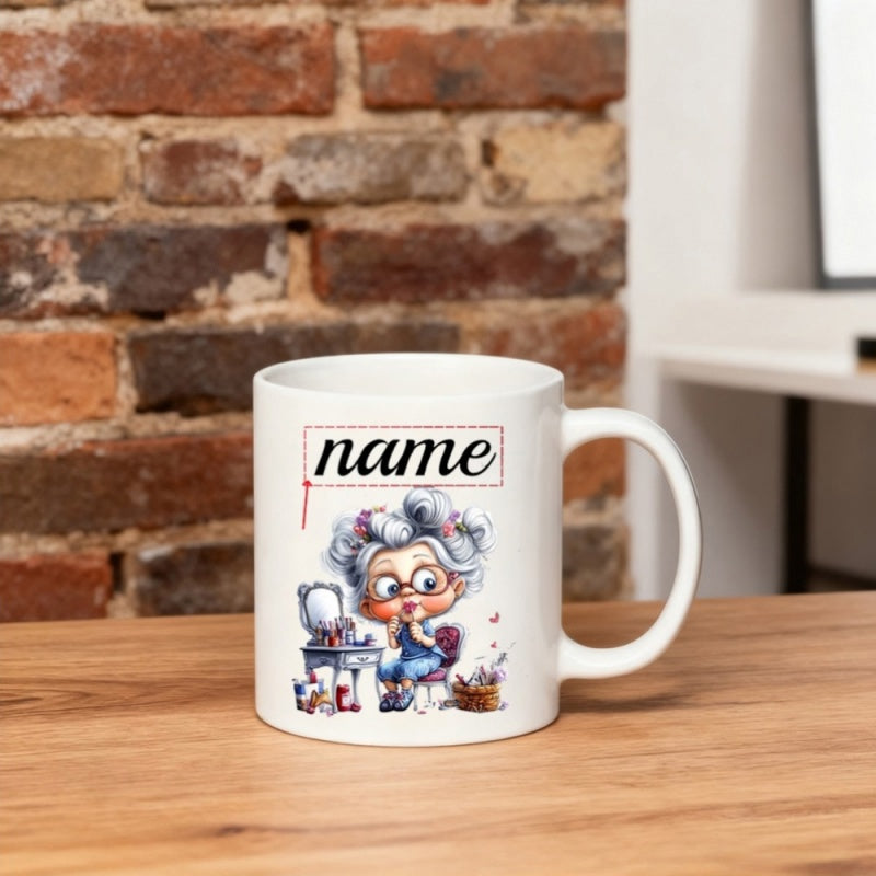 Tailorly White Ceramic 11 oz Mug - Name Adorable Elderly Lady Sitting At Vanity Table Applying Makeup Caricature Grandmother