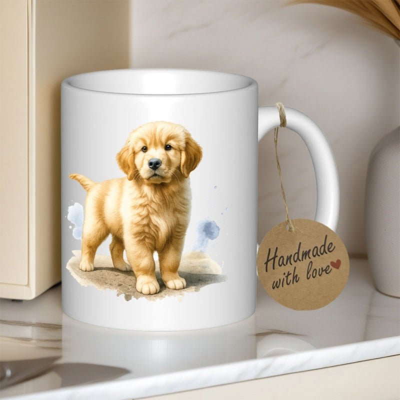 Tailorly White Ceramic 11 oz Mug - Handmade With Love Adorable Fluffy Golden Retriever Standing Alert On Gentle Watercolor Background Puppy