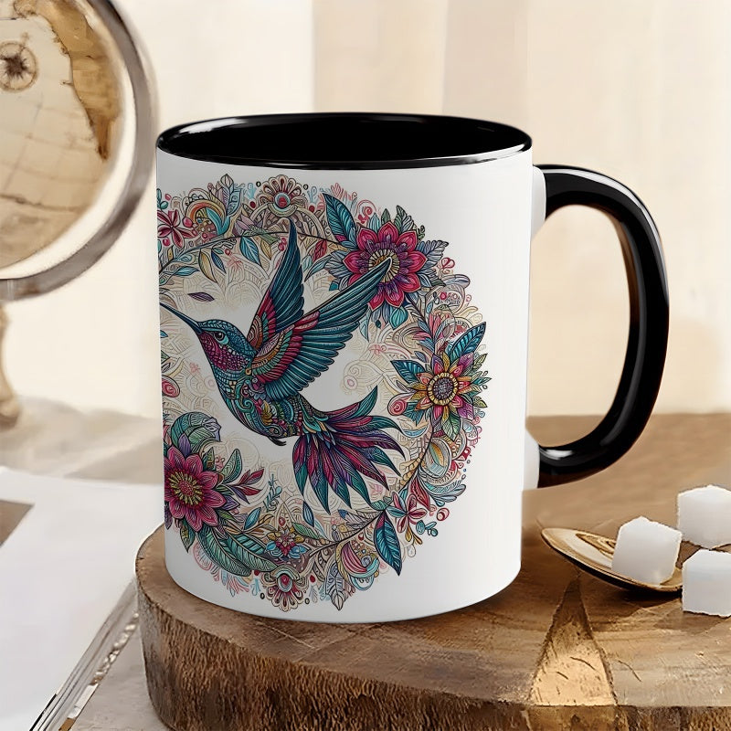 Tailorly Black Accent 11 oz Mug - vintage hummingbird floral wreath hand painted