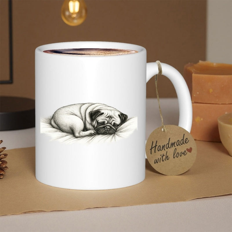 Tailorly White Ceramic 11 oz Mug - Handmade With Love Adorable Sleeping Canine Resting Peacefully On Soft White Cushioned Bed Pug