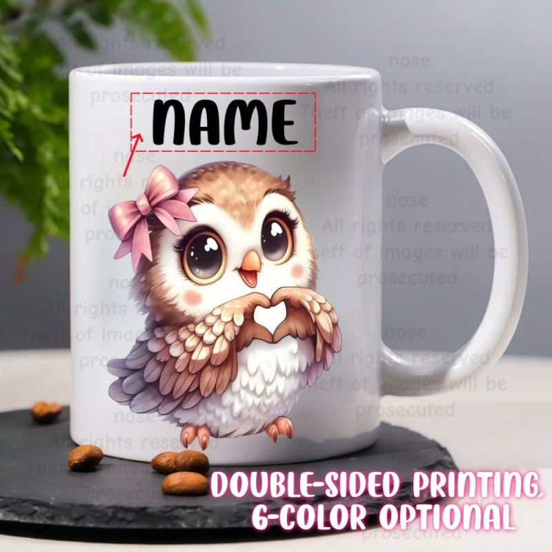 Tailorly White Ceramic 11 oz Mug - Name Adorable Fluffy Cartoon Bird With Pink Bow Creating Heart Owl