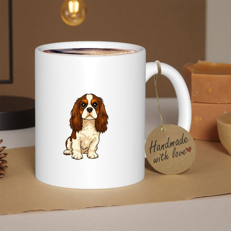 Tailorly White Ceramic 11 oz Mug - Handmade With Love Cute Brown And White Cavalier King Charles Spaniel Sitting Calmly Dog