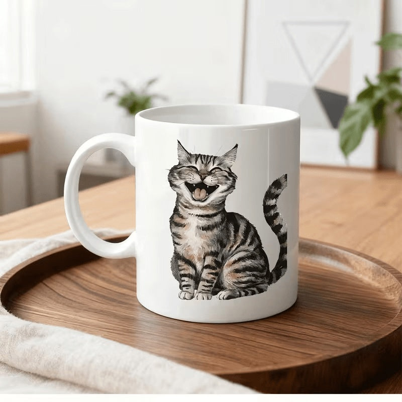 Tailorly White Ceramic 11 oz Mug - Happy Laughing Grey Tabby Sitting With Its Mouth Wide Open Cat
