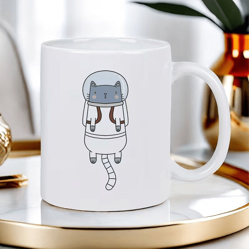 Tailorly White Ceramic 11 oz Mug - Adorable Grey Cartoon Kitten Wearing A White Scientific Spacesuit Floating Cat