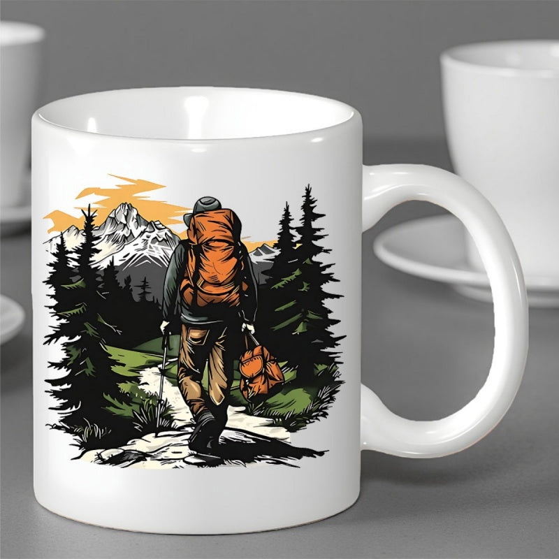 Tailorly White Ceramic 11 oz Mug - Determined Traveler Carrying Orange Backpack Hiking Toward Snowy Pine Mountains Hiker