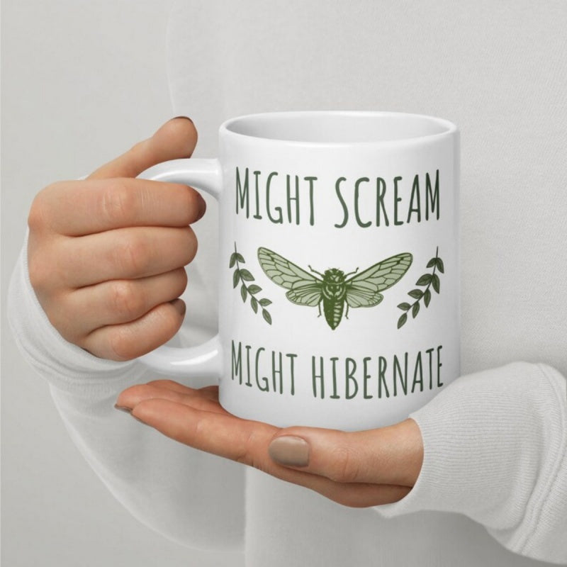 Tailorly White Ceramic 11 oz Mug - Might Scream Might Hibernate Detailed Wings With Botanical Leaves Symmetrically Placed Among Natural Forest Atmosphere Cicada