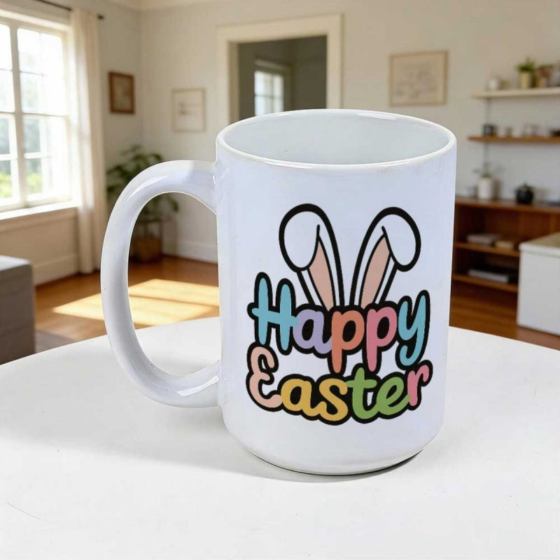 Tailorly White Ceramic 11 oz Mug - Happy Easter Cute Colorful Cartoon Ears Rising Behind Vibrant Holiday Festive Lettering Bunny