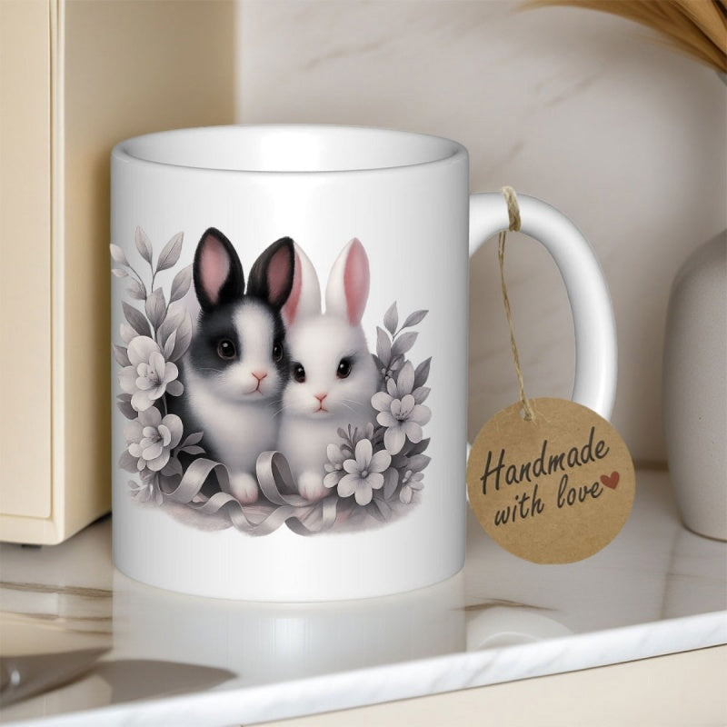 Tailorly White Ceramic 11 oz Mug - Handmade With Love Two Adorable Rabbits Sitting Together Among Delicate Blooming Flowers Rabbit