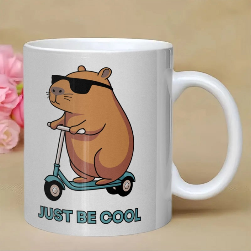 Tailorly White Ceramic 11 oz Mug - Just Be Cool Cartoon Animal Wearing Sunglasses Riding A Blue Kick Scooter Capybara