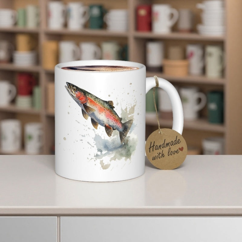 Tailorly White Ceramic 11 oz Mug - Handmade With Love Vibrant Watercolor Fish Jumping Out Of Splashing River Water Trout