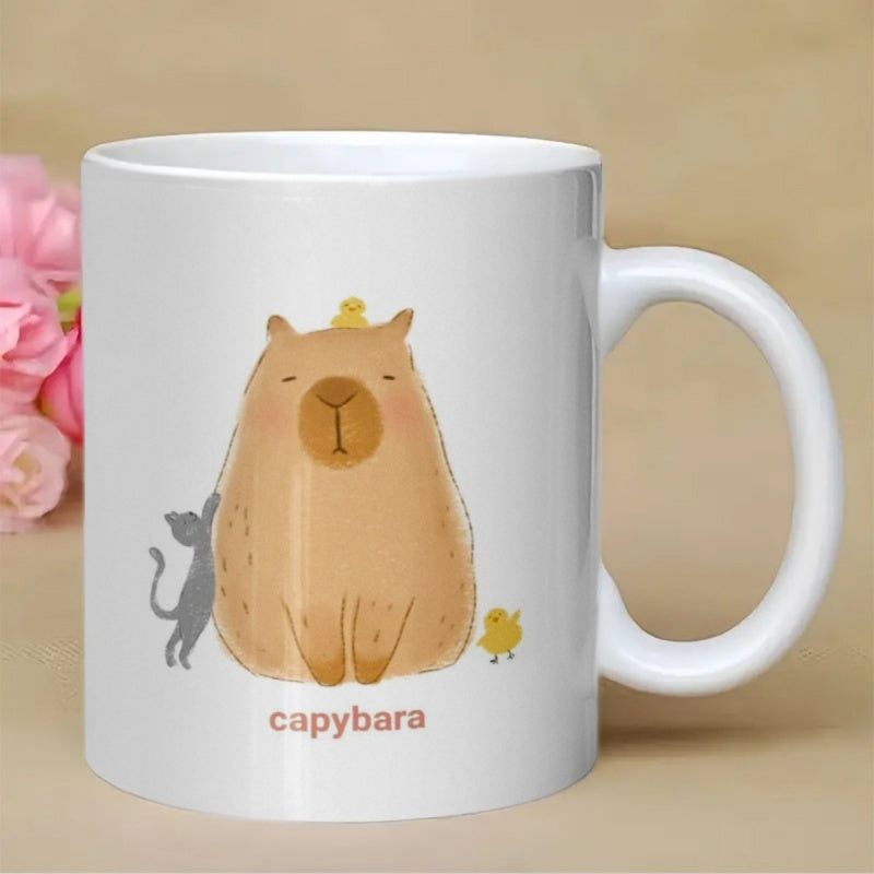 Tailorly White Ceramic 11 oz Mug - Capybara Adorable Fluffy Brown Animal Sitting Peacefully Beside A Small Grey Kitten Capybara