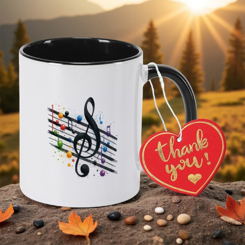 Tailorly Black Accent 11 oz Mug - treble clef and piano keyboard