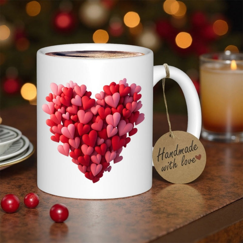 Tailorly White Ceramic 11 oz Mug - Handmade With Love Vibrant Three Dimensional Pink And Red Hearts Forming A Romantic Large Heart