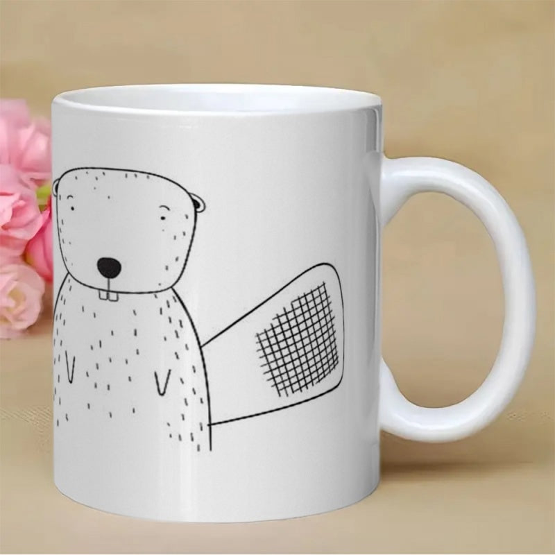 Tailorly White Ceramic 11 oz Mug - Minimalist Hand Drawn Black Line Art Sketch Featuring A Friendly Woodland Beaver