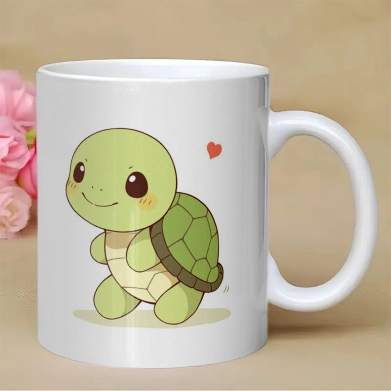 Tailorly White Ceramic 11 oz Mug - Adorable Small Green Sea Creature Standing With A Tiny Red Heart Turtle