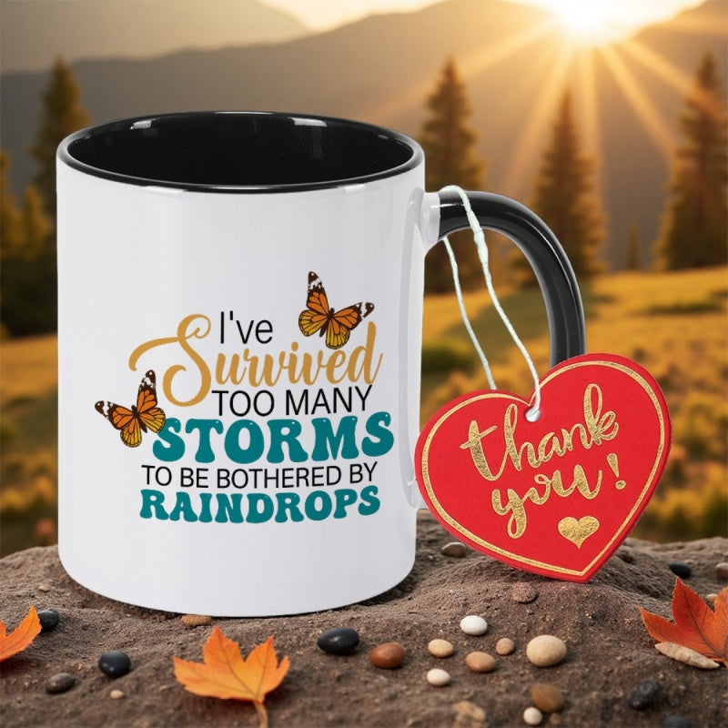 Tailorly Black Accent 11 oz Mug - ive too many to be bothered by raindrops funny with orange teal butterflies