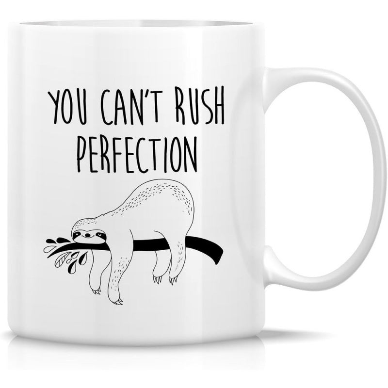 Tailorly White Ceramic 11 oz Mug - You Cant Rush Perfection Minimalist Line Art Drawing Resting On A Black Tree Branch Sloth