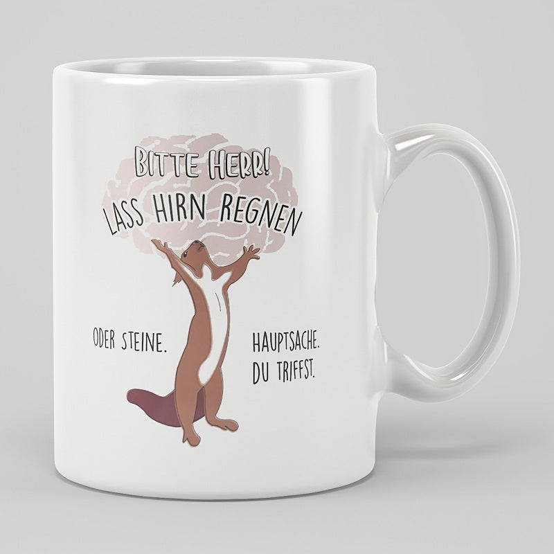 Tailorly White Ceramic 11 oz Mug - Small Brown Otter Looking Up Toward A Large Floating Brain Cloud Otter
