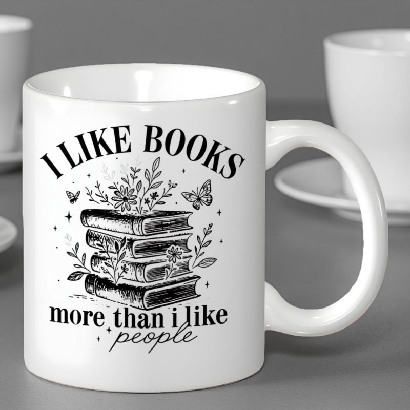 Tailorly White Ceramic 11 oz Mug - I Like Books More Than I Like People Vintage Stacked Volumes With Wildflowers Growing From Pages And Flying Butterfly Stacked