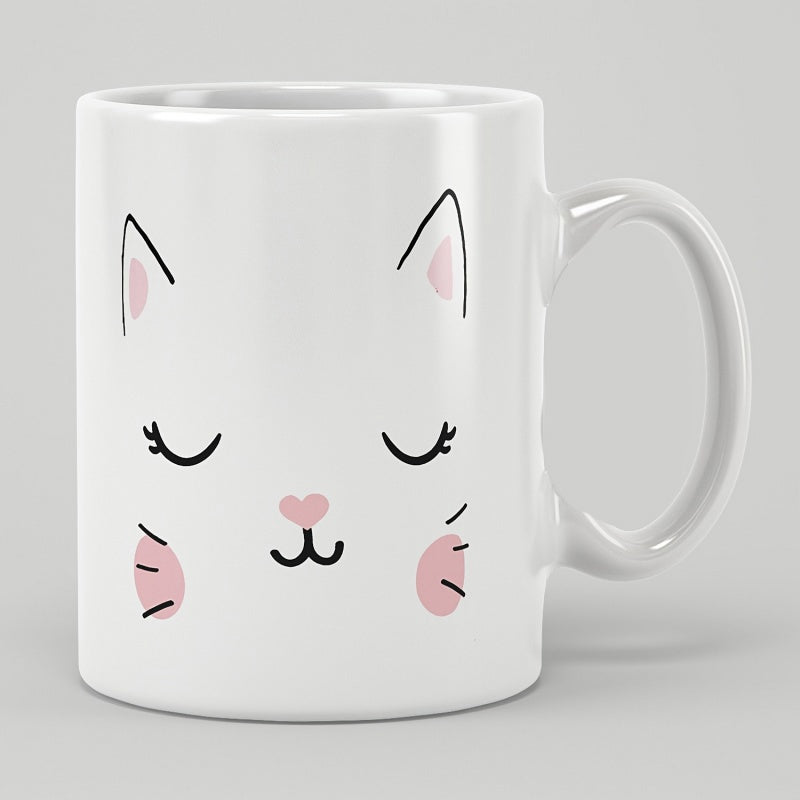 Tailorly White Ceramic 11 oz Mug - Minimalist White Ceramic Design With Heart Nose And Sleeping Eyelashes Cat
