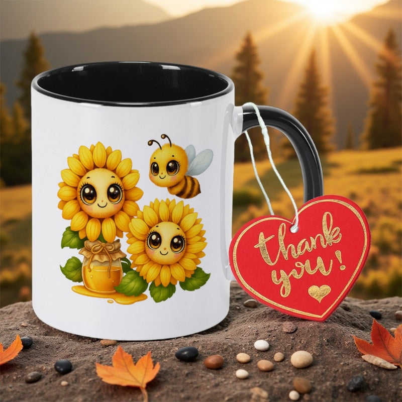 Tailorly Black Accent 11 oz Mug - bee and sunflower design