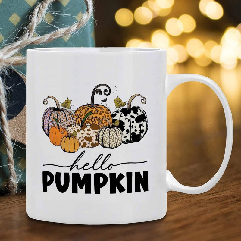 Tailorly White Ceramic 11 oz Mug - Hello Pumpkin Decorative Autumn Elements Featuring Stylish Leopard And Cow Print Pattern Pumpkin