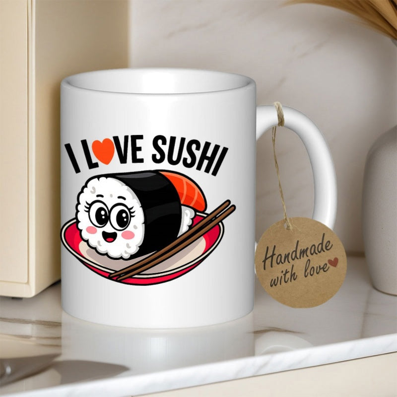 Tailorly White Ceramic 11 oz Mug - I Love Sushi Adorable Cartoon Character Smiling On Red Plate With Chopsticks Delicious Sushi