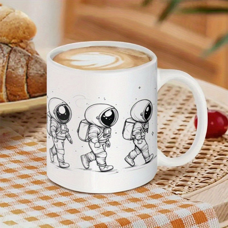 Tailorly White Ceramic 11 oz Mug - Minimalist Sketch Style Walking Space Explorers Among Tiny Distant Stars Astronaut
