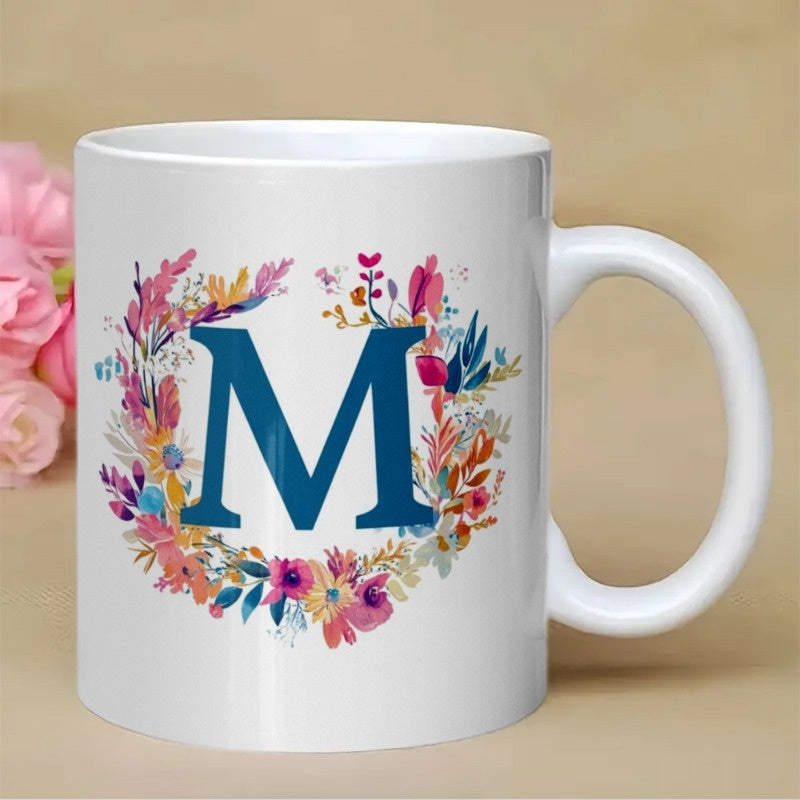 Tailorly White Ceramic 11 oz Mug - M Colorful Blooming Floral Wreath With Delicate Petals Surrounding A Bold Blue Letter