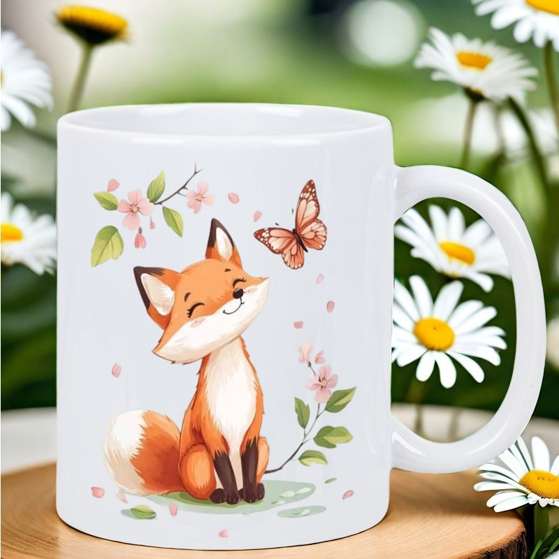 Tailorly White Ceramic 11 oz Mug - Charming Little Orange Fox Watching Butterfly Among Delicate Pink Spring Blossoms Fox