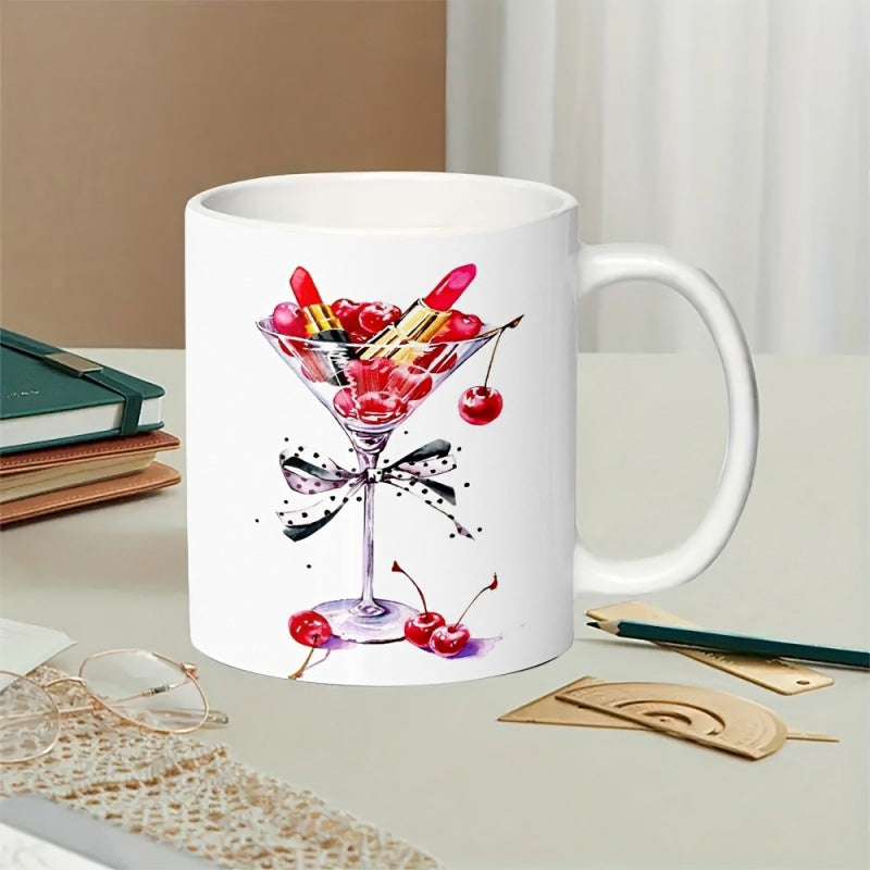 Tailorly White Ceramic 11 oz Mug - Elegant Watercolor Martini Filled With Cherries And Lipsticks Decorated Bow Glass