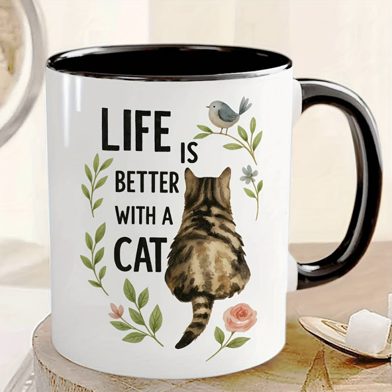 Tailorly Black Accent 11 oz Mug - cat， quote， white， black floral， cat face， paw print