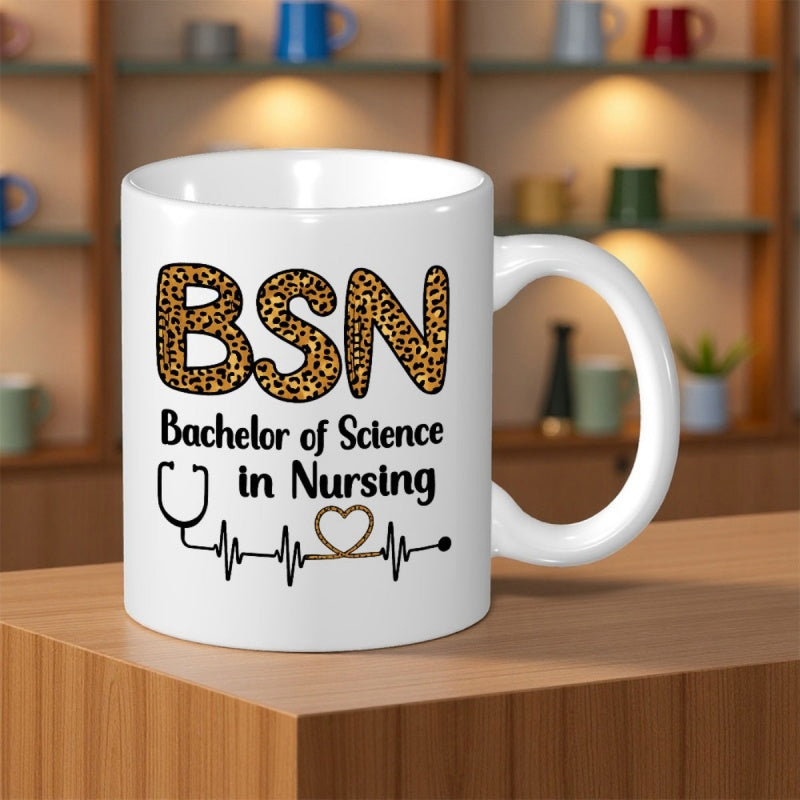 Tailorly White Ceramic 11 oz Mug - Bachelor Of Science In Nursing BSN Leopard Print Pattern And Heartbeat Line Across A Medical Stethoscope