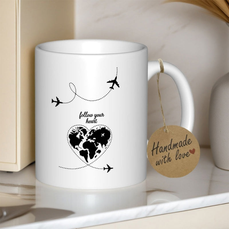 Tailorly White Ceramic 11 oz Mug - Follow Your Heart Minimalist Travel Theme With Small Planes Flying Around Continents Inside A Heart Map
