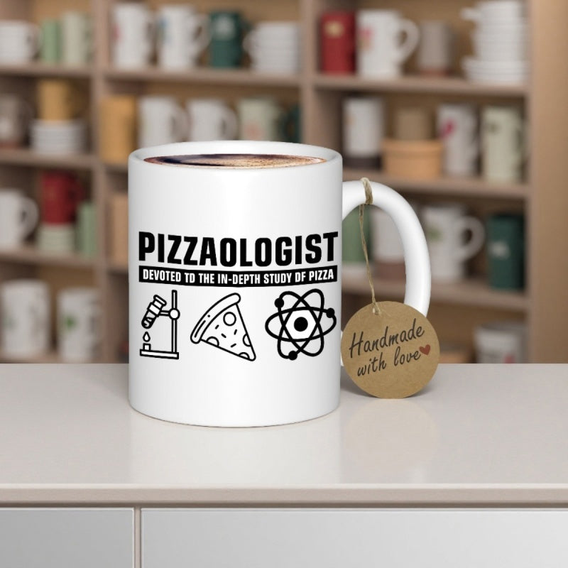 Tailorly White Ceramic 11 oz Mug - Pizzaologist Devoted To The In Depth Study Of Pizza Scientific Microscope And Atom Icons Accompanying A Single Slice Of Pizza