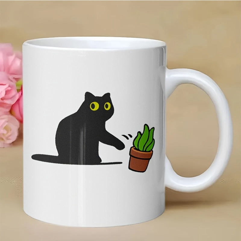 Tailorly White Ceramic 11 oz Mug - Minimalist Playful Black Cat Pushing Small Potted Plant Off Edge Cat