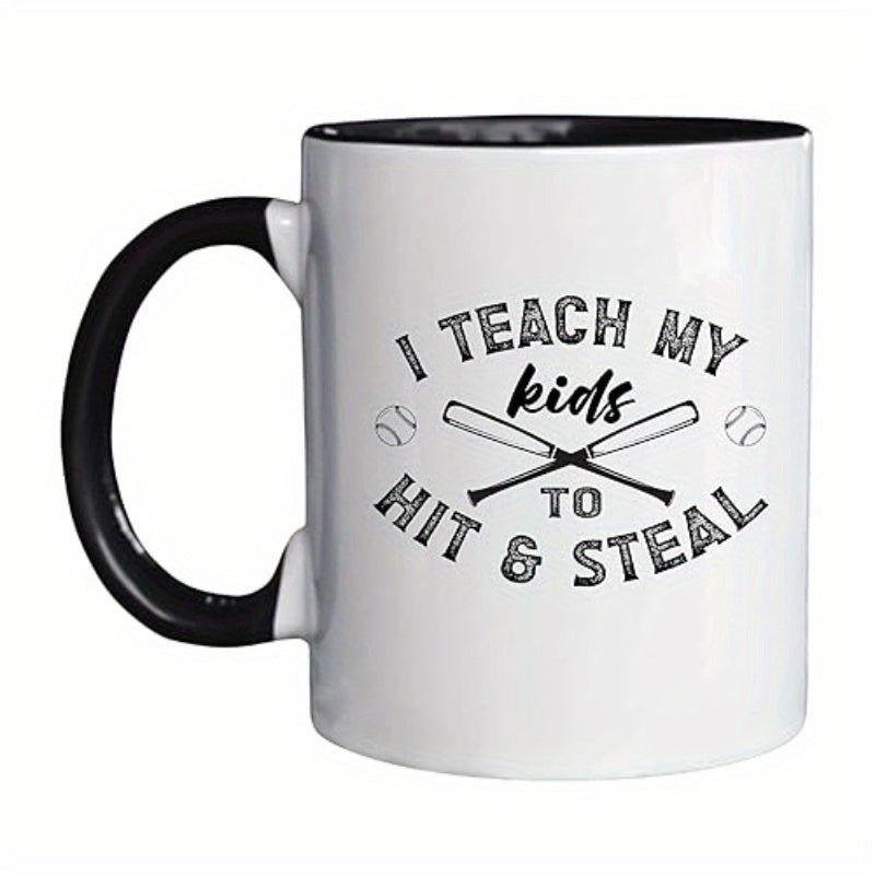 Tailorly Black Accent 11 oz Mug - Funny Baseball Mom Gift - "to Hit & Steal" text with baseball elements