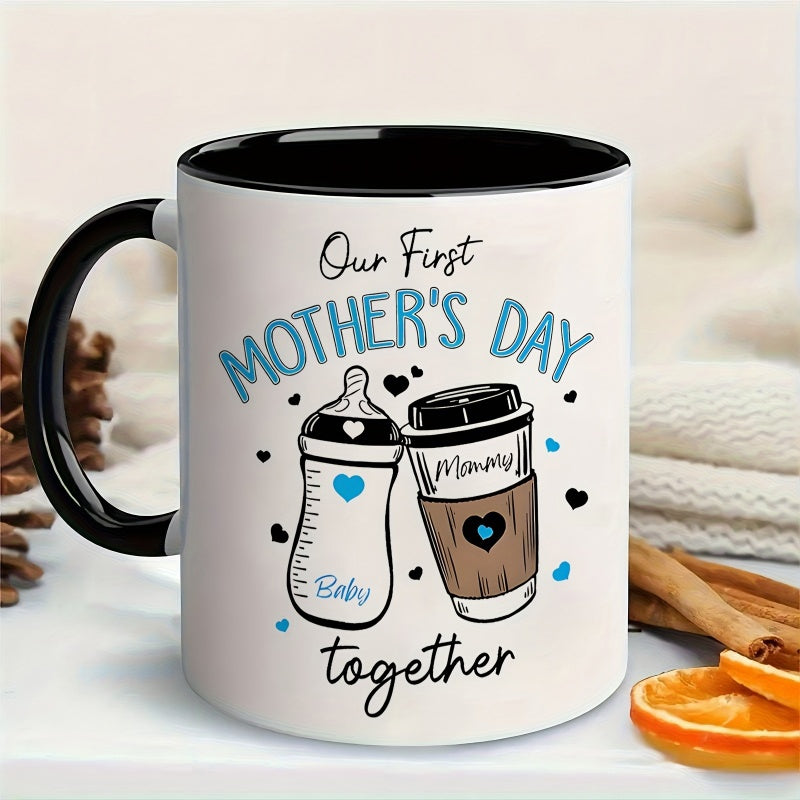 Tailorly Black Accent 11 oz Mug - our first mothers day， heart shaped coffee cup illustration