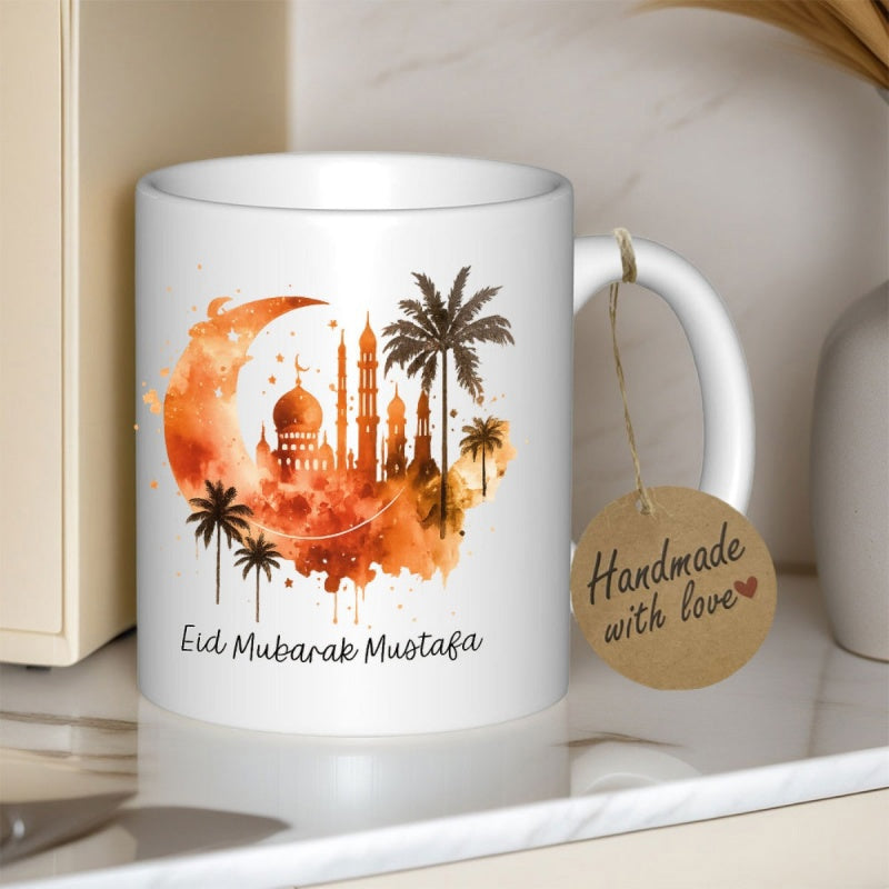Tailorly White Ceramic 11 oz Mug - Eid Mubarak Mustafa Elegant Watercolor Painting With Traditional Mosque And Tropical Palm Trees Crescent
