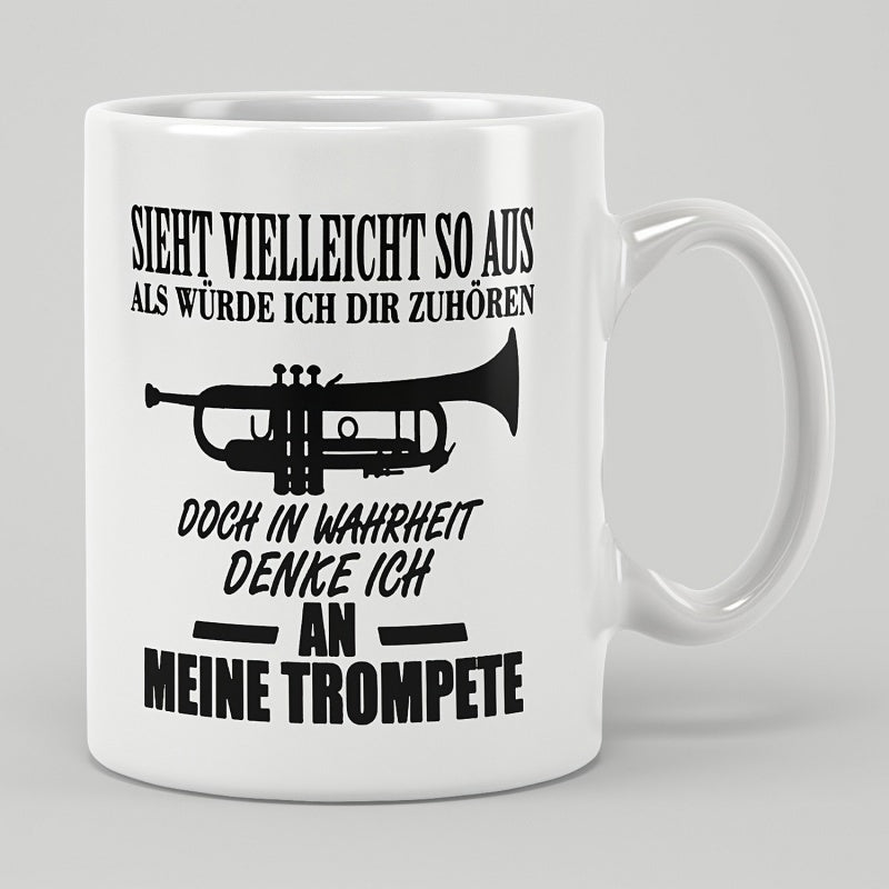 Tailorly White Ceramic 11 oz Mug - Detailed Musical Instrument Silhouette With Valves And Elegant Mouthpiece Trumpet